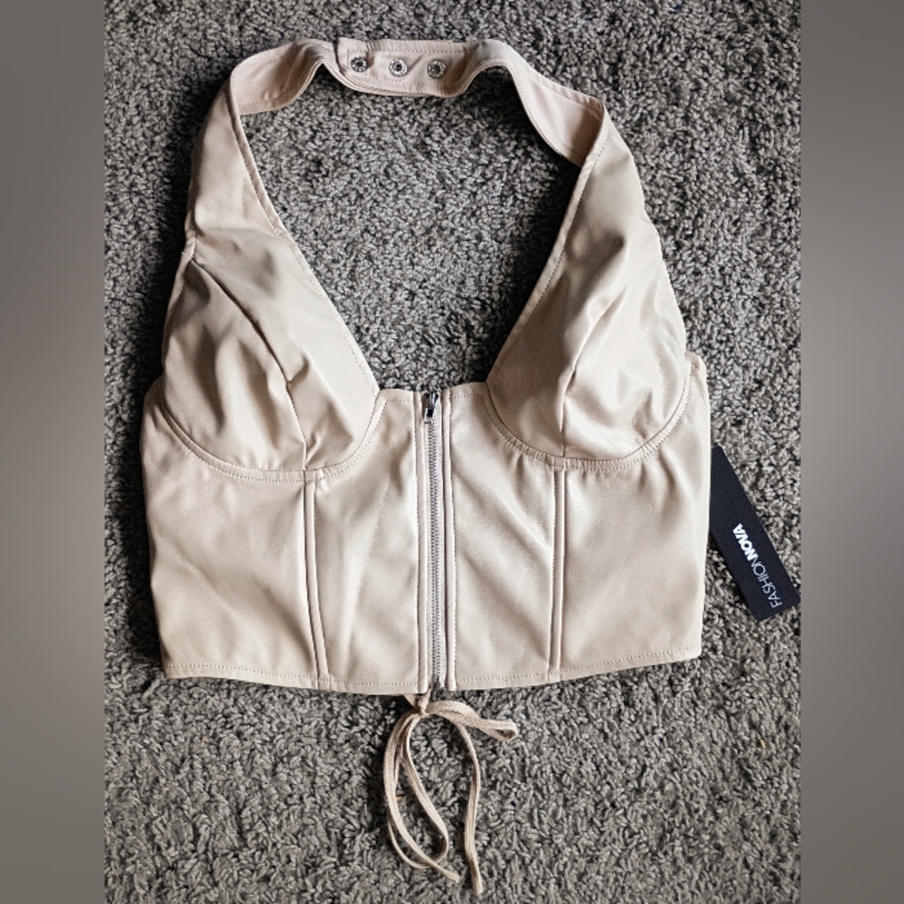 Fashion Nova Beige Corset Halter Crop Top